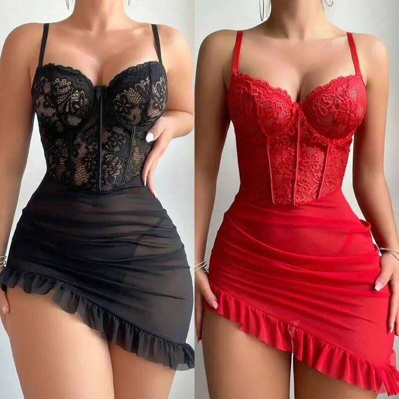 Transparent Underwire Bra Erotic Set Fairy Lingerie Women's See Through Lace Nightdress Pamas Sets Delicate Sexy Nighty