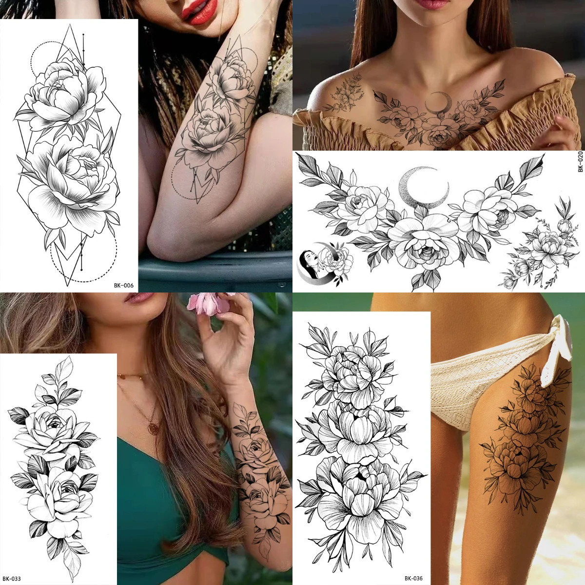 Waterproof Temporary Tattoo Sticker Flowers Roses Lilies Peonies Geometric Patterns Body Art Arm Tattoos Sleeve Women Men 250731