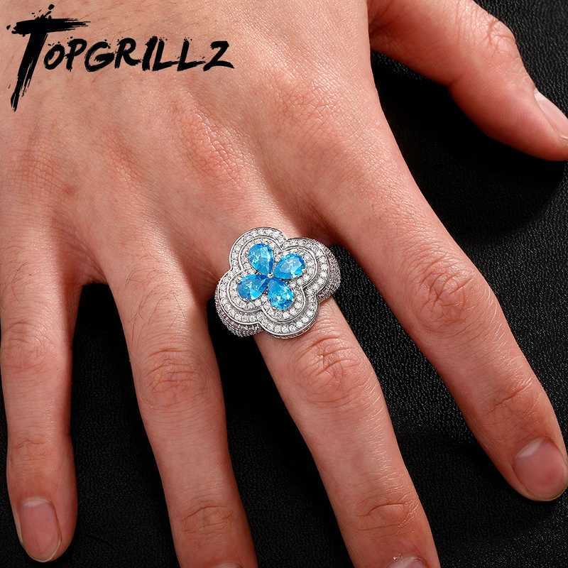 TOPGRILLZ Iced Out Colorful Four Leaf Flower Ring Bling Micro Paved Cubic Zirconia Punk Rings For Men Women Jewelry y250730