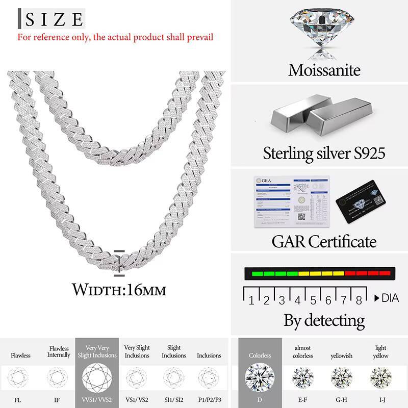 Acceted Custom 16mm 925 Sterling Silver VVS Moissanite Diamond Heavy Iced Out Miami Cuban Link Chain Necklace for Men