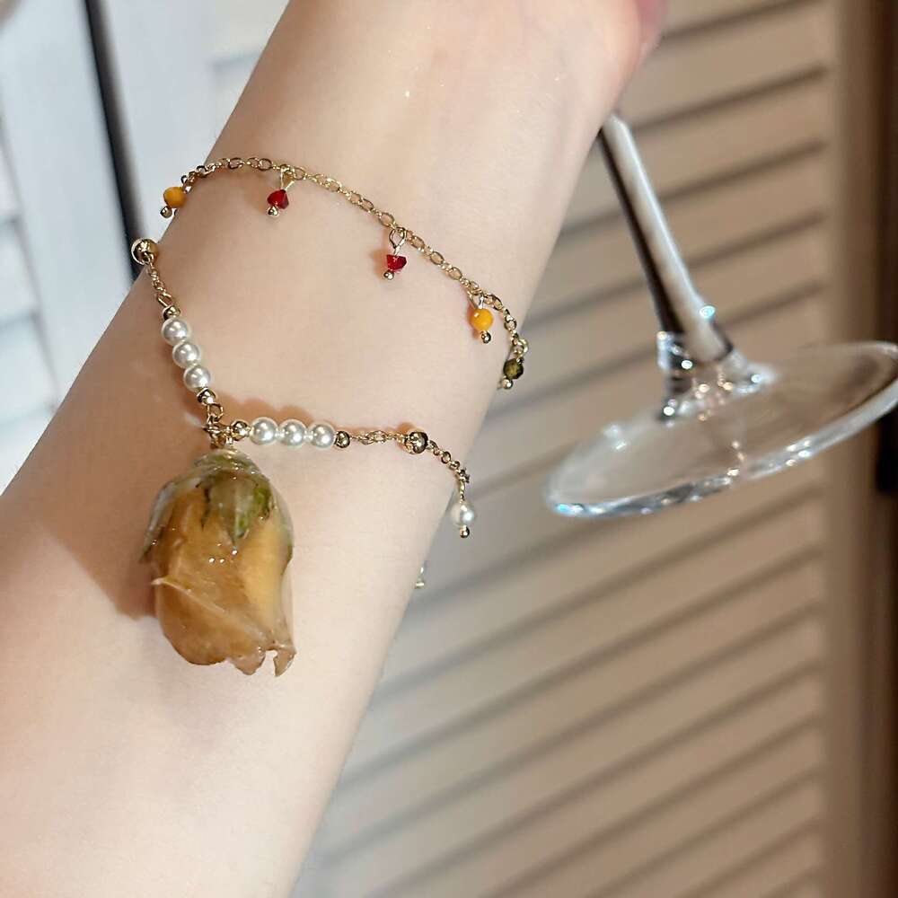 French Style Dried Flower Rose Crystal Pearl Double Layer Tassel Necklace Bracelet Atmosphere Sweet Exquisite Collarbone Chain f88