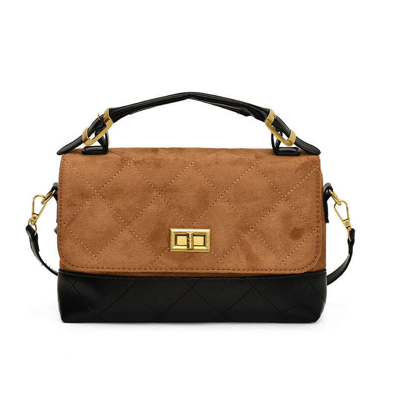 Lingge color blocked flip top handbag with faux leather velvet and PU leather feel, single shoulder crossbody bag, fashionable and versatile commuting