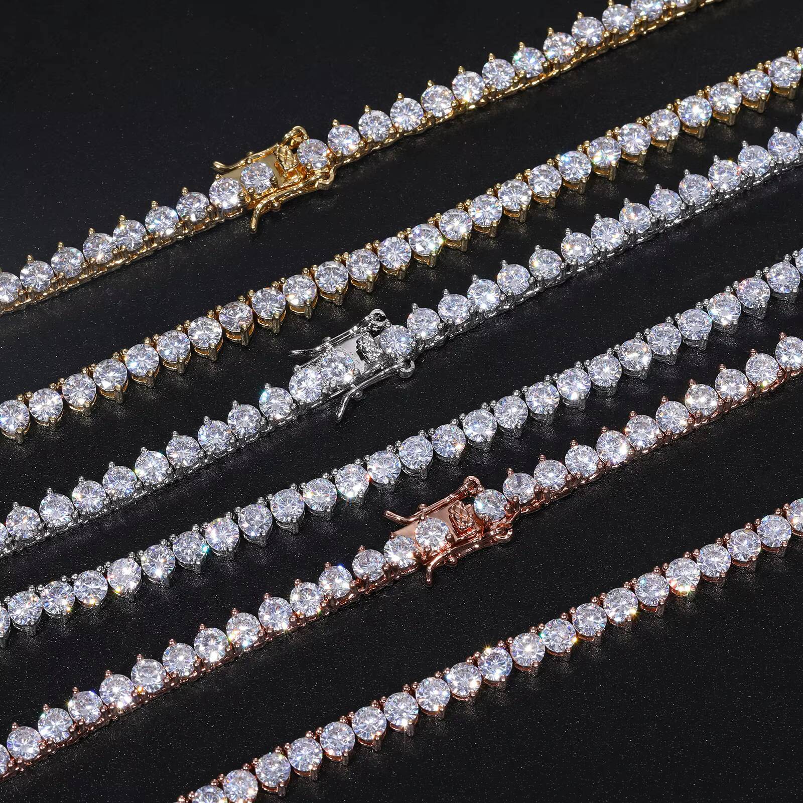 3mm 4mm 5mm 3 Prong Moissanite Tennis Chain Wholesale Custom 925 Sterling Silver VVS Mossanite Fashion Tennis Necklace