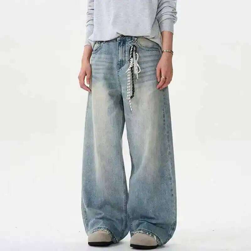 Distressed Jeans Solid Color Washing Summer Men Trousers Loose Wide Leg Casual Straight Moustache Effect Male Bottom