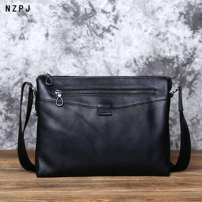 Fashion Men's Shoulder Leather Casual Messenger Bag Top Layer Cowhide Horizontal Briefcase 10 Inch Ipad NZPJ
