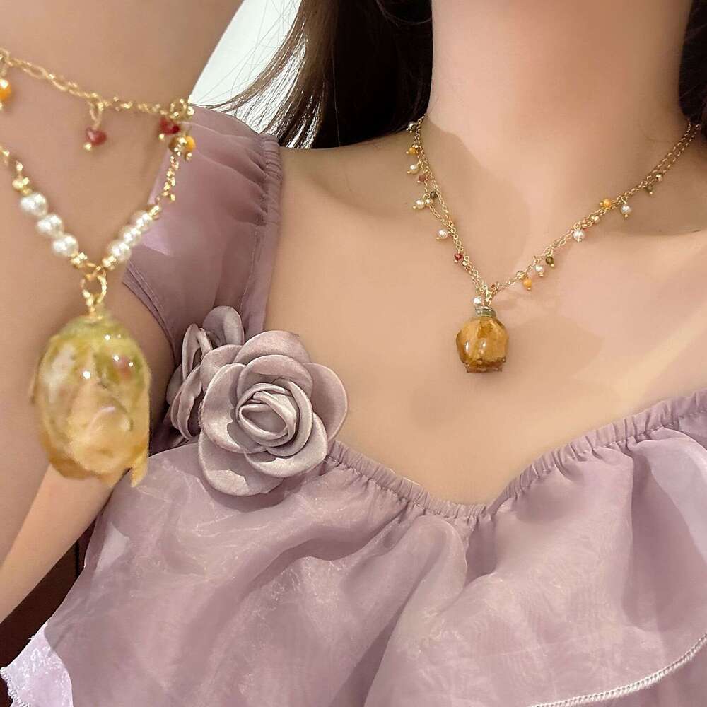 French Style Dried Flower Rose Crystal Pearl Double Layer Tassel Necklace Bracelet Atmosphere Sweet Exquisite Collarbone Chain f88