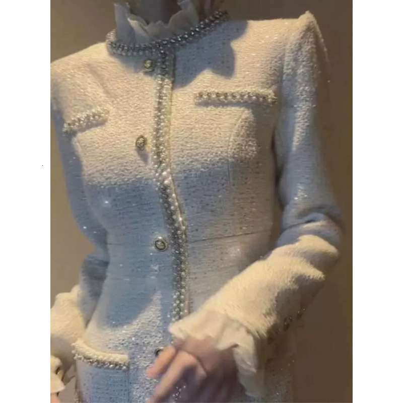Lanjia- Off White Tweed Spring / Autumn Womens Tassel Ladies Slim Bottoming Dress One-Piece 240824 12634