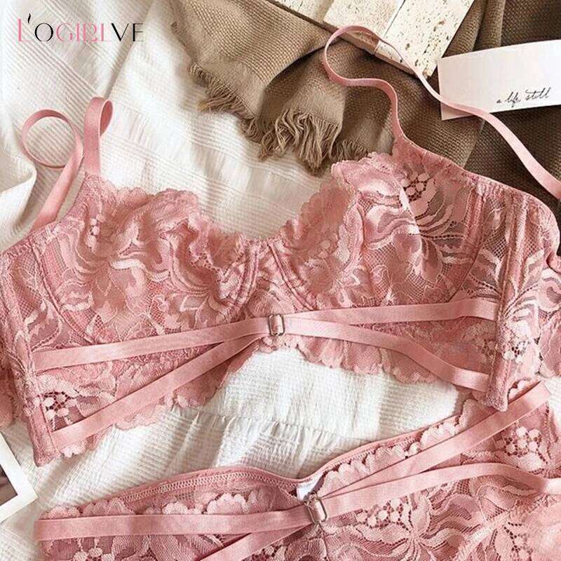 Logire Bra Push Up Brassiere Embroidery Lace Underwear Set Sexy Ultrathin Transparent Panties For Women underwear
