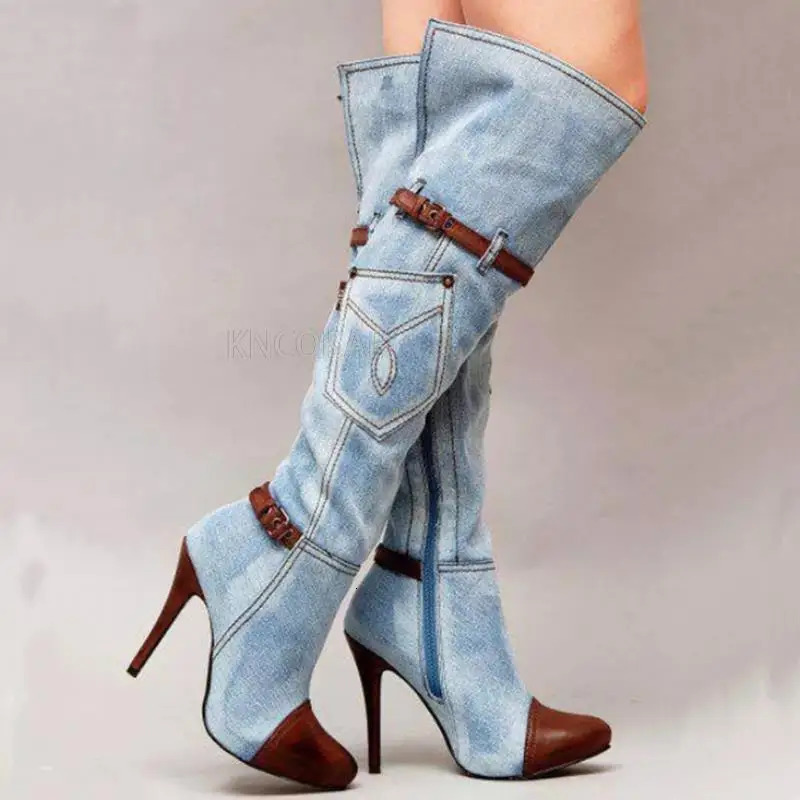 denim boots with high heels fashionable knee length womens boots autumn and winter denim high heels sexy buttons 250729