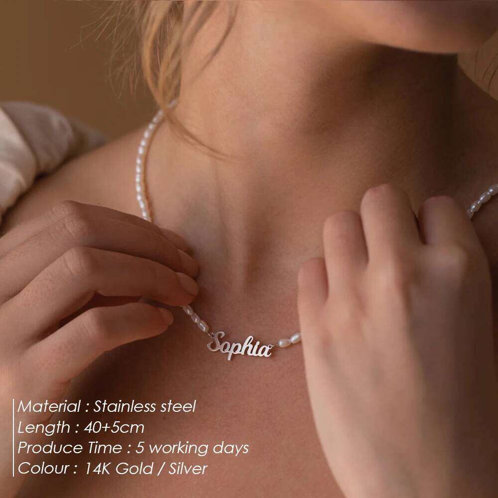 eManco Women's Freshwater Pearl Diy Monogrammed Collarbone Chain Stainless Steel Customized English Name Necklace Factory direct