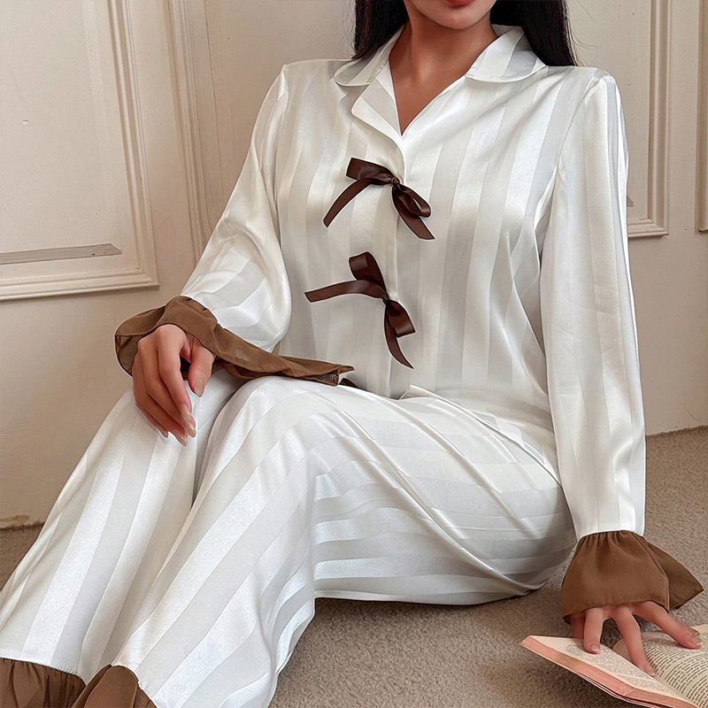 2025 New Women's Spring and Autumn Silk Colorful Wide Striped Color Block Lace Bow Long Sleeve Long Pants Pajama Set