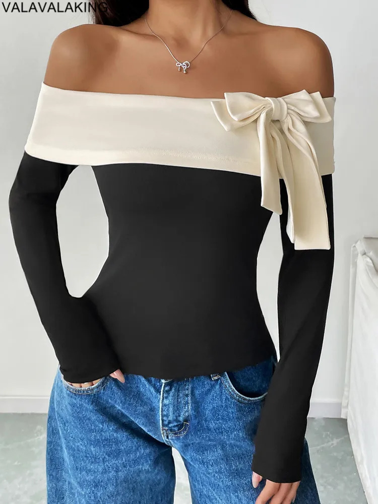 Sexy Spring Black Patchwork Crop Top Women Bow Tied Bandeau Tight Tshirt Lady Y2K Off Shoulder Long Sleeve Clud Tops 250730