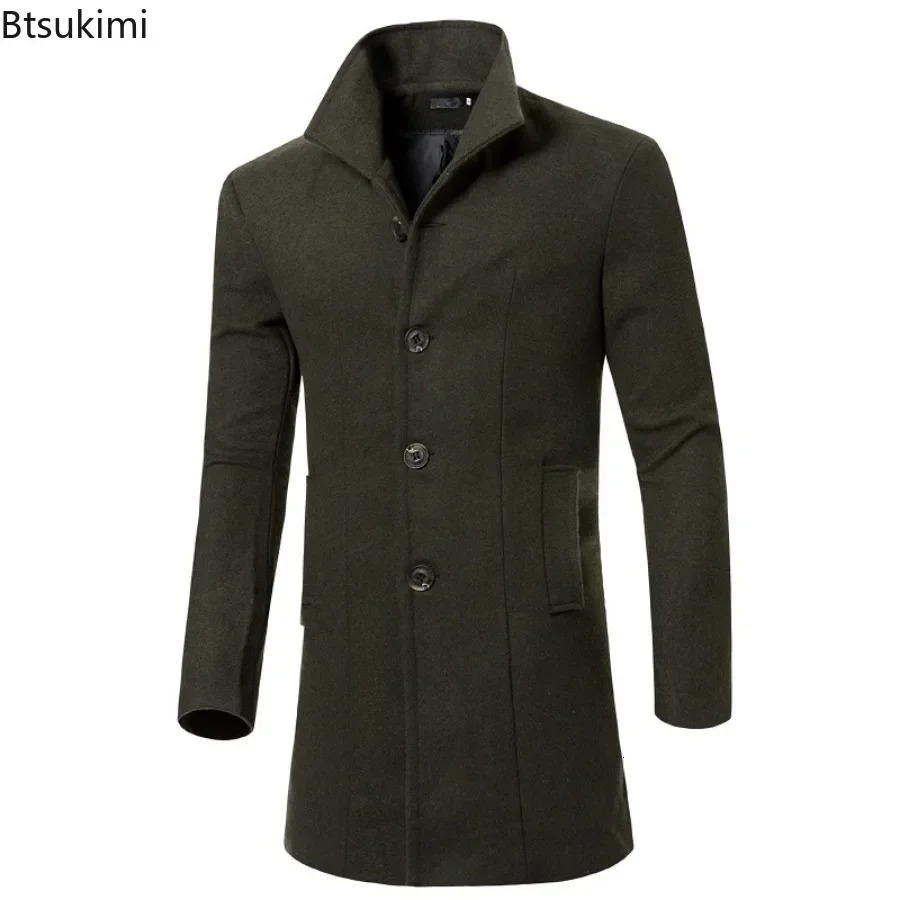 2025 Mens Warm Woolen Trench Jacket Solid Slim Woollen Coats Male Fashion Windproof Stand Collar Long Outwear for Men 250729