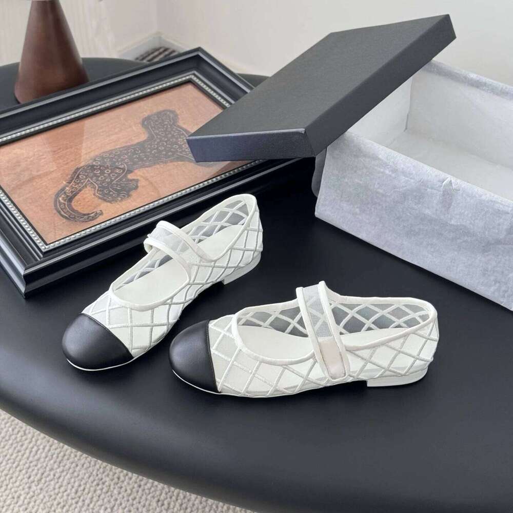 Women Mesh Genuine Leather Ballet Flats Mary Janes Mixed Colors Round Toe Buckle Strap Designer Shoes Zapatillas De Mujer 08a