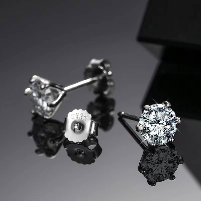 2022 Trend Women Jewelry 925 Sterling Silver 6 Prong Set 6.5mm 1ct Round Brilliant Cut VVS Moissanite Diamond Stud Earrings