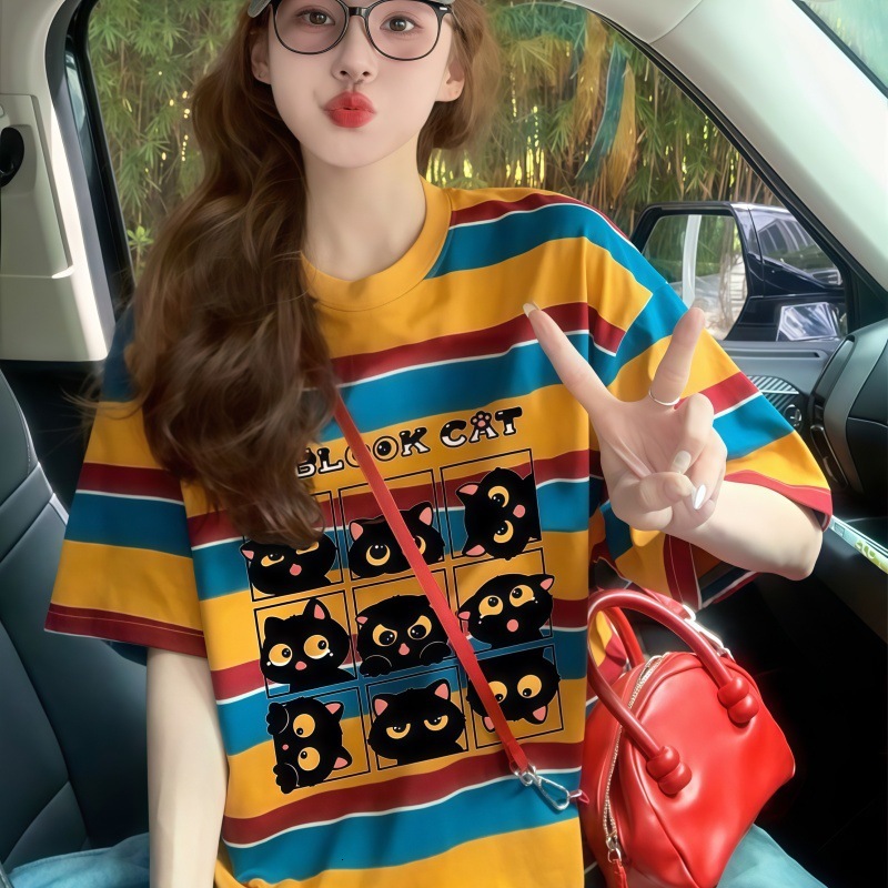 2025 American color blocked striped short sleeved women's T-shirt summer new fashion cartoon college style loose fit top new designer T-shirt