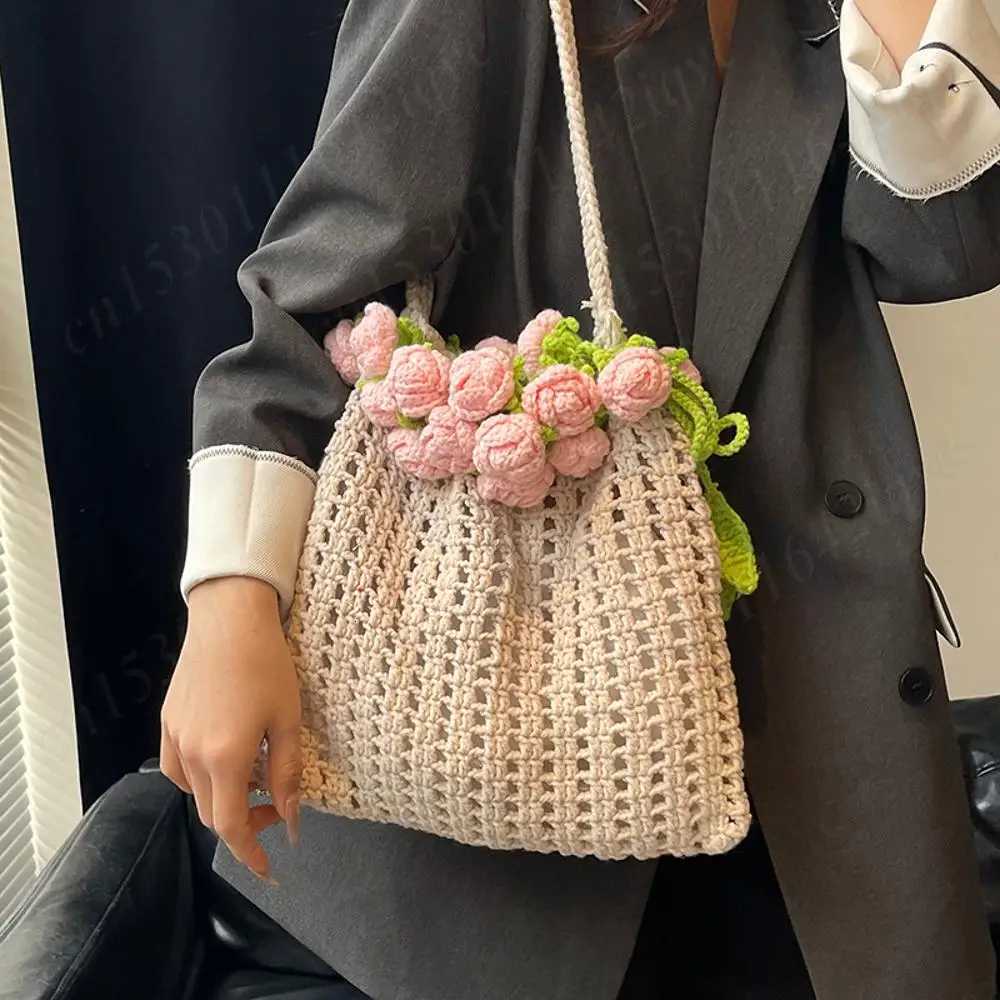 Rose Crochet Handbag 2025 Spring Cute Knitted Shoulder Bag Romantic Designer Floral Hollowed Out Ladies Shoulder Bag Armpit Bags Y250730