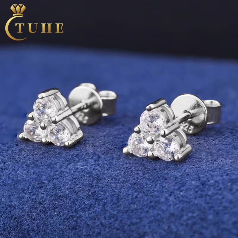 Factory 925 Sterling Silver Three Diamond Triangles Stud Earring High Quality Moissanite Geometric Ear Wholesale Bulk