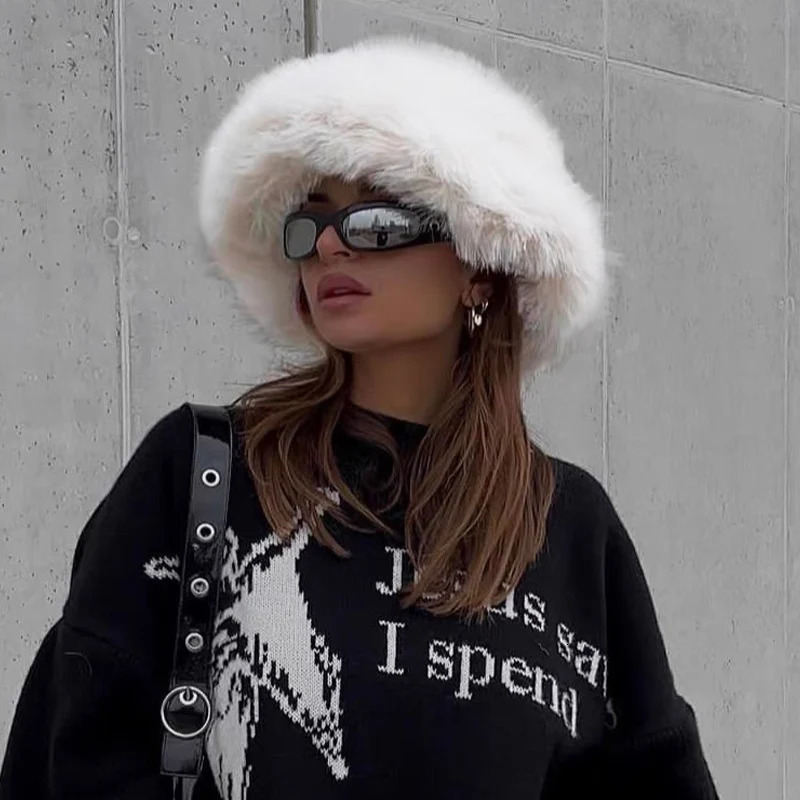 Y2K Fluffy Faux Fur Bucket Hat Women Rabbit Fur Warm Thick Plush Winter Hat Lady Fashion Party Panama Fisherman Cap 250724