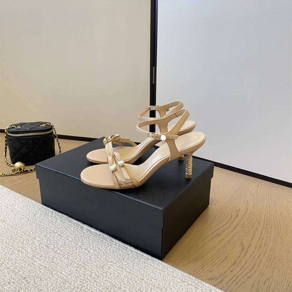 New Women Size34-41 Genuine Leather Sandals High Heels Pearls Pumps Summer Buckle Strap Designer Shoes Zapatillas De Mujer f45