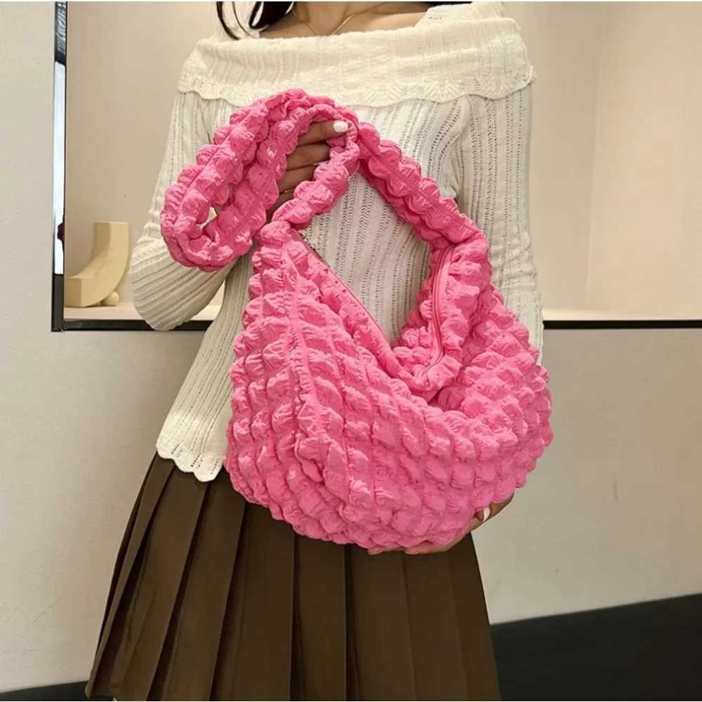 Square Padded Shoulder Bag With Nice Pleated Bubbles Large Capacity Armrest Bag Solid Color Embroidered Cross Bag For Women Y250730
