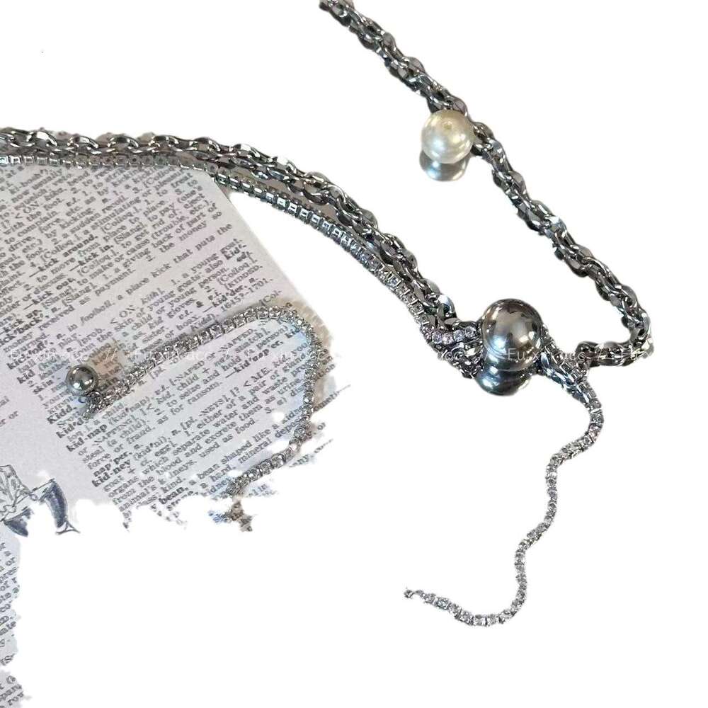 Metal Style Double Layer Stacked Double-Sided Dia Necklace Light High-End Round Bead Pendant Collarbone Trendy Sweater Chain 90f