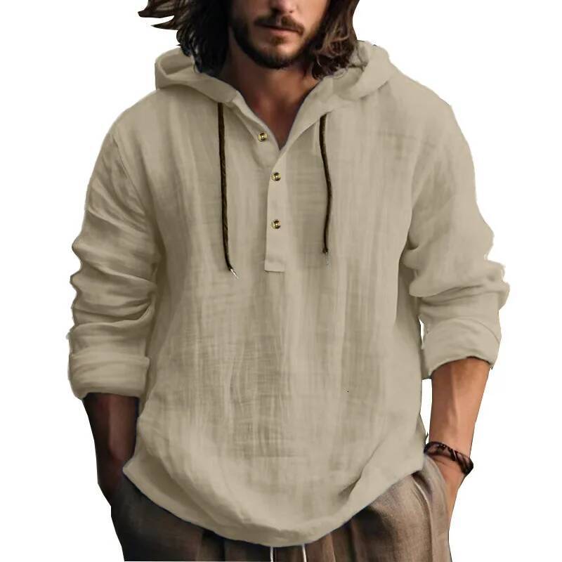 25 New cotton and linen shirts hooded loose large size casual sweater long sleeve hoodie men