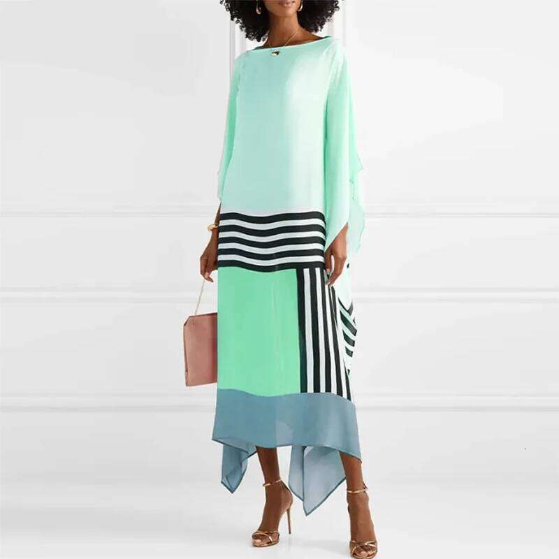 Candy Stripe Print Patchwork Kaftan Dresses Womens Spring Round Neck Irregular Long Summer Batwing Sleeve Boho Maxi Dress