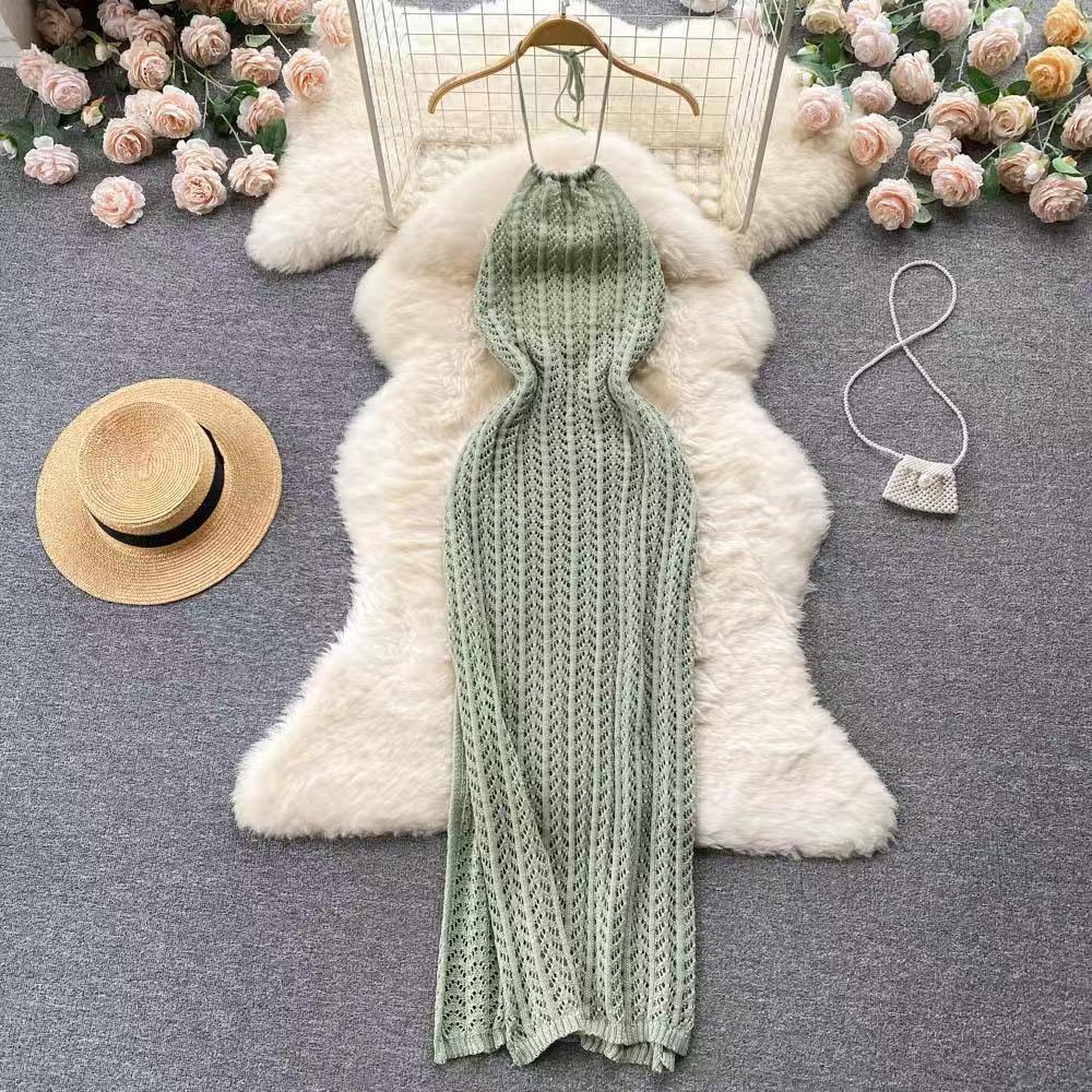 Ladies temperament hanging neck sleeveless hollow knit dress female slim split holiday skirt