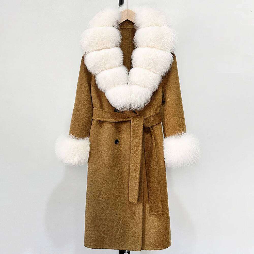 Designer Clothing Blends Long Natural Woolen Coat Women New Autumn Winter Clothes Fashion Warm Wool Real Fox Fur Jacket Overcoat Fashion