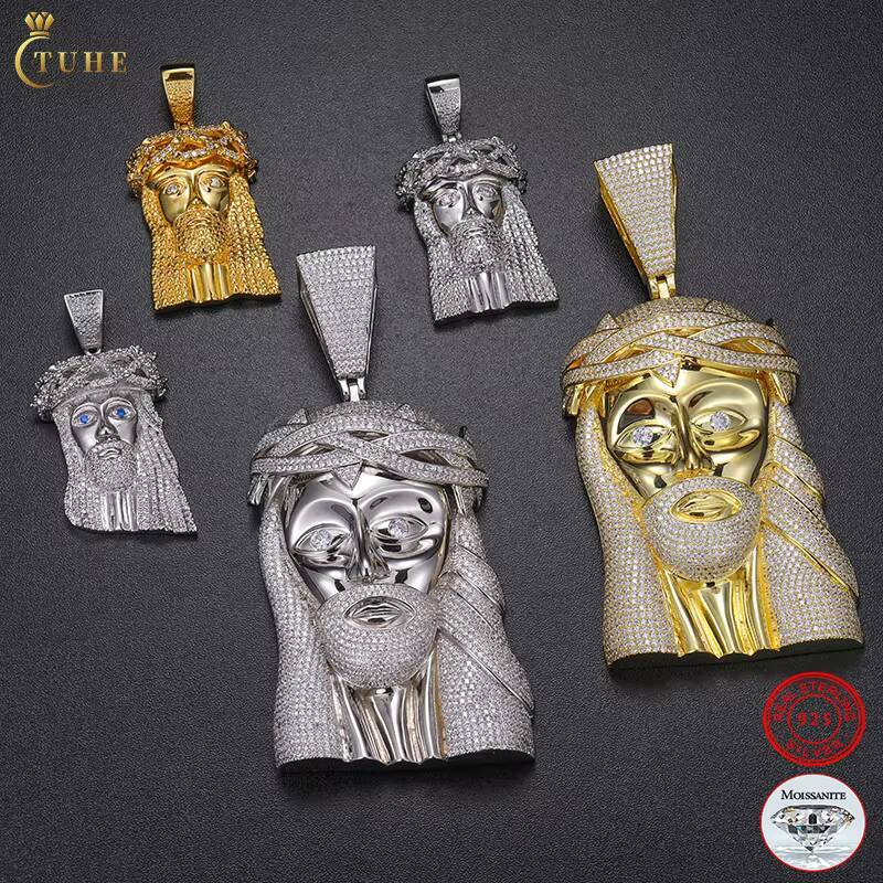 Pass Diamond Tester VVS Moissanite Iced Out Jesus Head Face Pendant Bling 925 Sterling Silver Big Piece Hip Hop Jewelry for Men