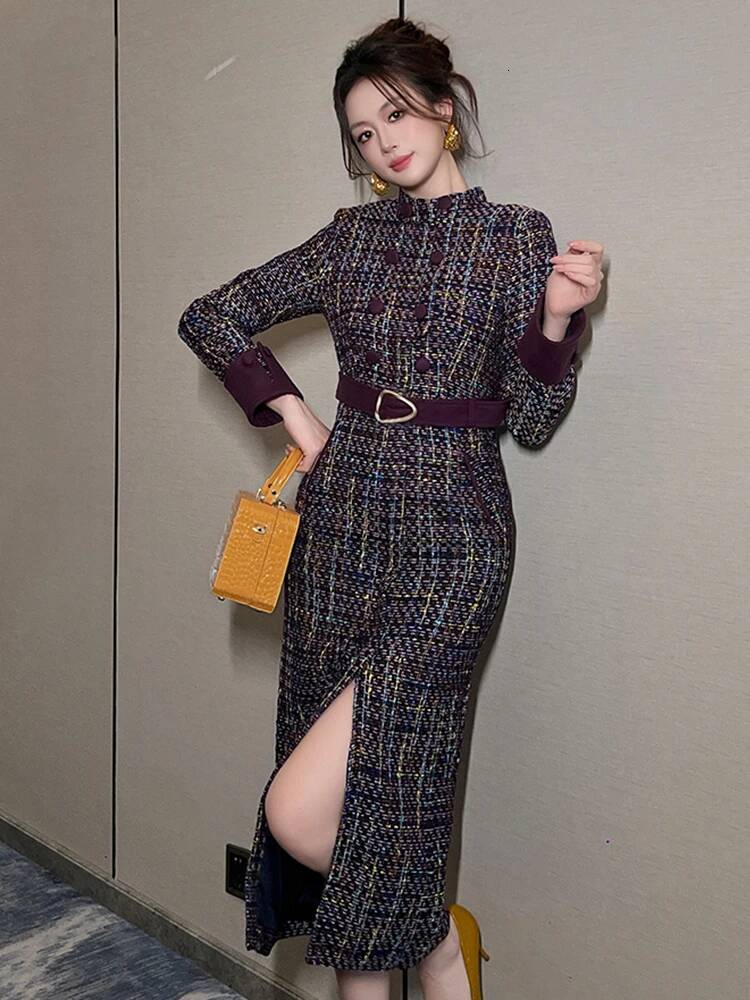 Women Clothes Tweed Plaid Formal Ocn Double Breasted Belt Slim Slit Midi Pencil Dress Elegant Vestidos Commute Casual New dongdumaoyi