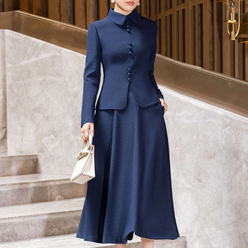 Blue Tweed Chanel Style Suit Dress Spring Autumn 2024 New Fashion Elegant Slim Fit Long Sleeve Two-Piece Set