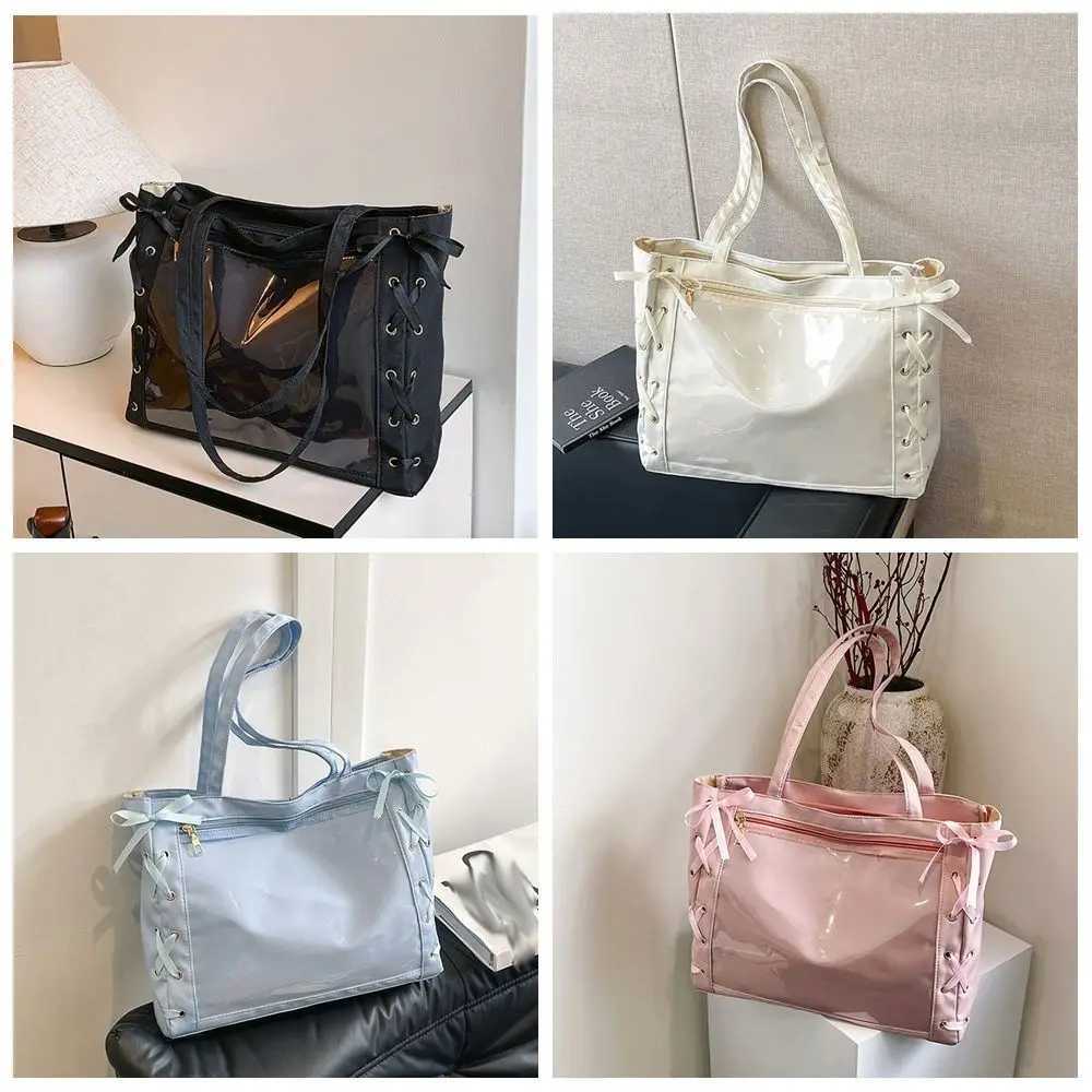 Single Badge Itabag Japanese Simple Itabag Cross Ribbon Lace-up Transparent Pocket PU Idol Aesthetic Shoulder Bag for Women Y250730