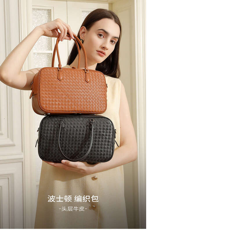 2025 Autumn New Women Handbag Handmade Top Layer Cowhide Woven Tote Genuine Leather Single Shoulder Crossbody Commute Boston Bag