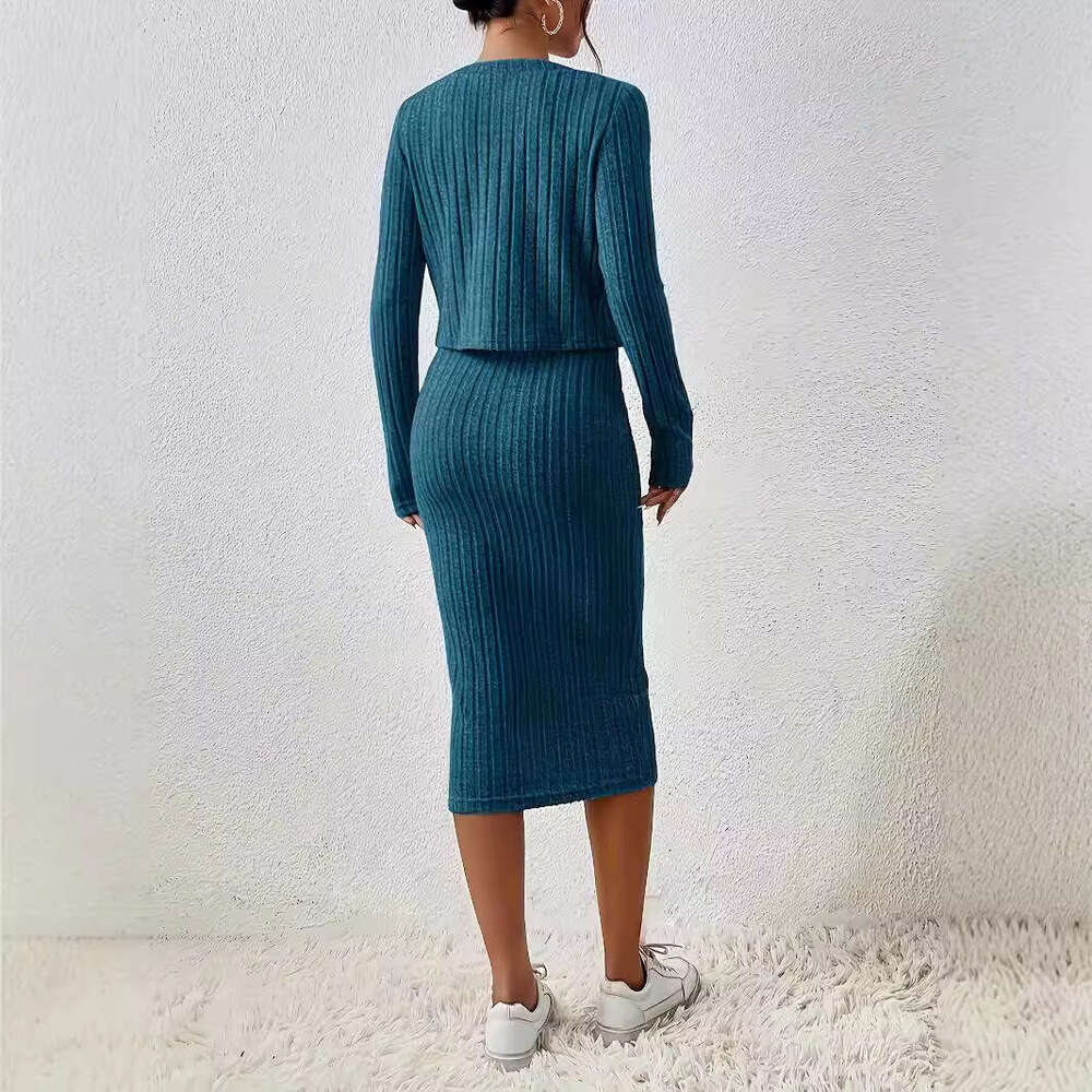 Spring Autumn Solid Color Front Button Short Top and Slim Fit Dress Set