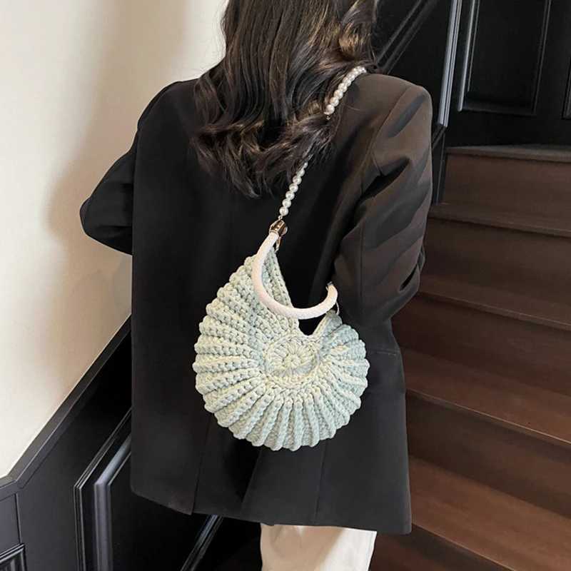 Conch Shell Knit Crochet Crossbody Shoulder BagPearl Chain Handmade Woven Women Sling BagElegant Delicate Cute Compact Purse Y250730