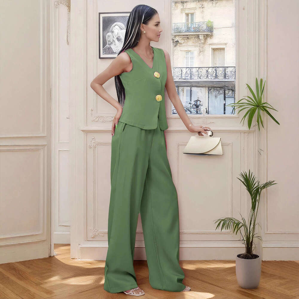 Spring Summer Women's Fashion Button Vest and Long Pants Casual Two-Piece Set for Women