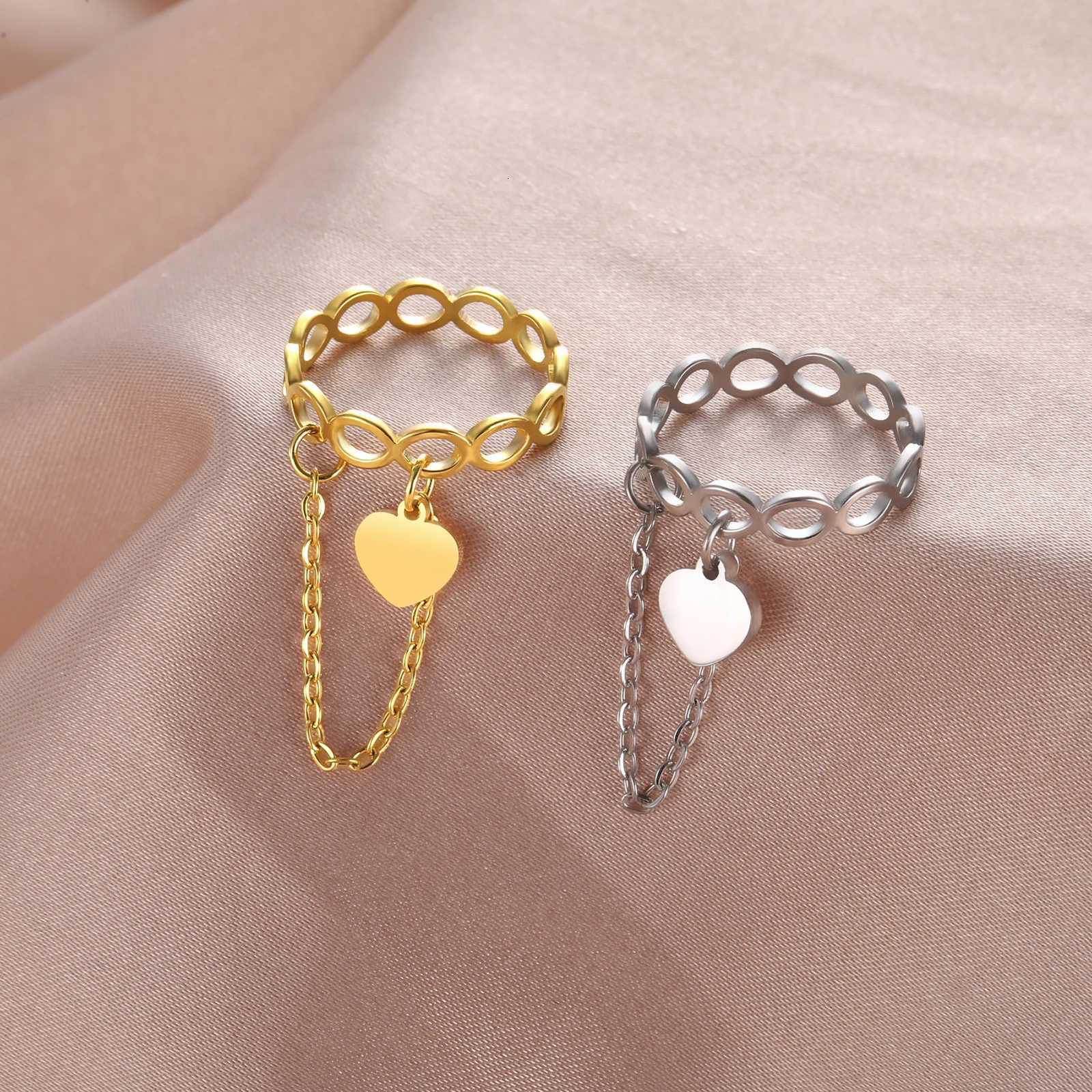 Stainless Steel Infinity Rings with Round Pendant Chain Women Engagement Geometric Rings Couple Jewelry Wholesale y250730