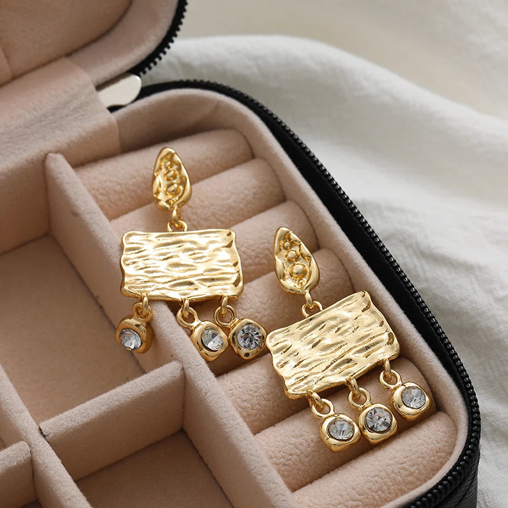 INS Gold Plated Metal Geometric Square Drop Earring Women Stainless Steel Irregular Rhinestone Pendant Punk Ear Jewelry 250730