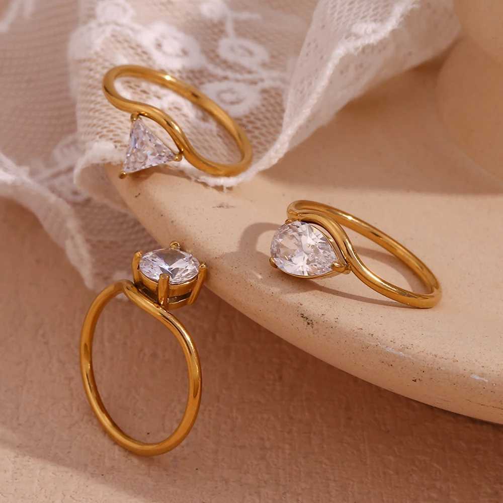 18K Gold Plated Waterproof Minimalist Wave Drop Round Zircon Ring 316L Stainless Steel Womens Rings Accessories y250730