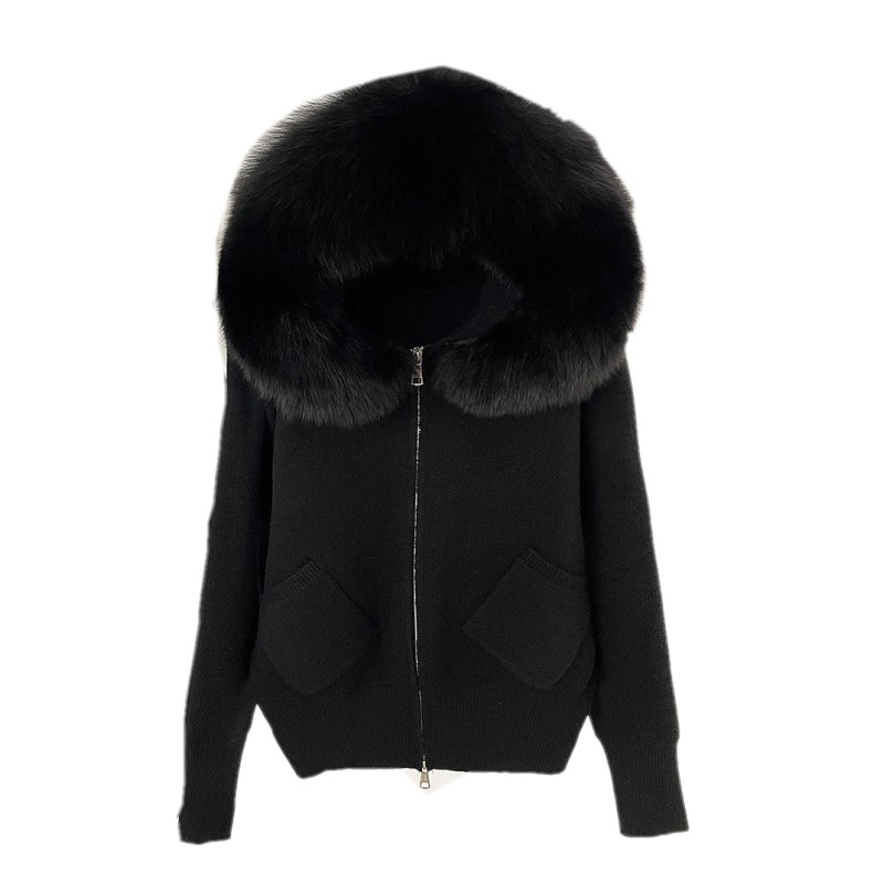 Knitted sweater cardigan jacket womens detachable oversized genuine fox fur collar new autumn winter style hooded knitted cardigan coat