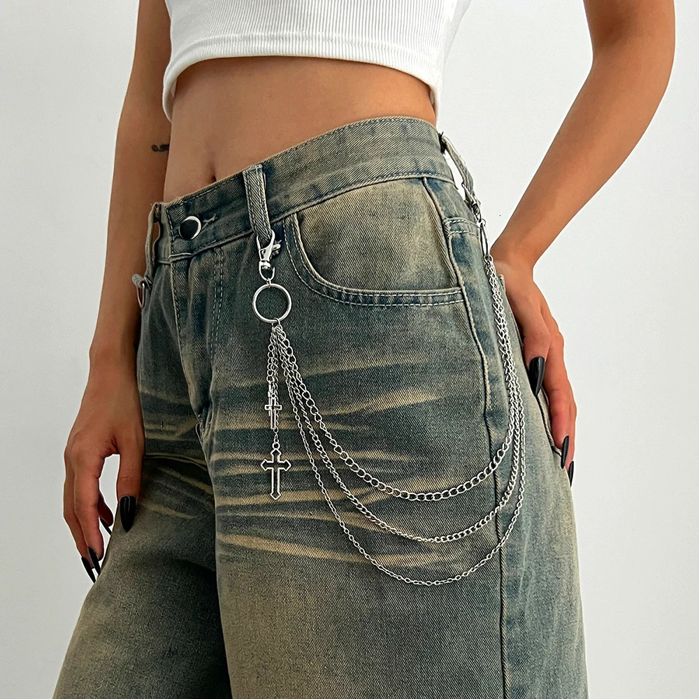 Punk Silver Color Multilayer Cross Pendant Pants Chain for Women Fashion Hip Hop Rock Jean Chain Waist Chain Decor Jewelry 250729