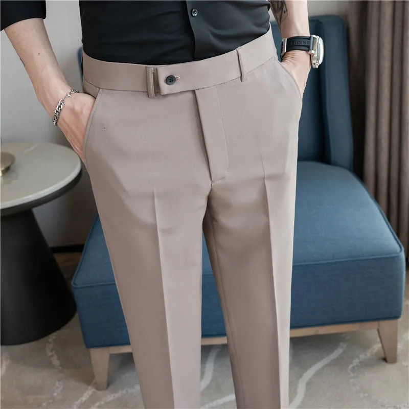 Summer Mens Suit Pants Solid Color Korean Slim Smart Casual AnkleLength Men Wedding Dress Office Trousers Man 250731