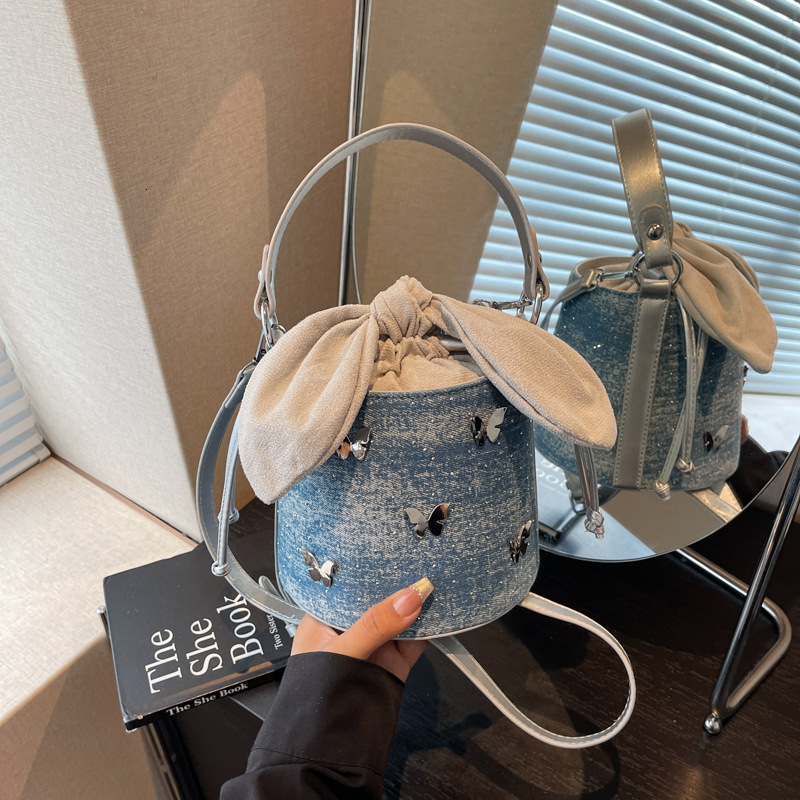 Niche Design Denim Bucket 2025 New Trendy Versatile Fashion Butterfly Single Shoulder Crossbody Bag Handbag ddmymoon