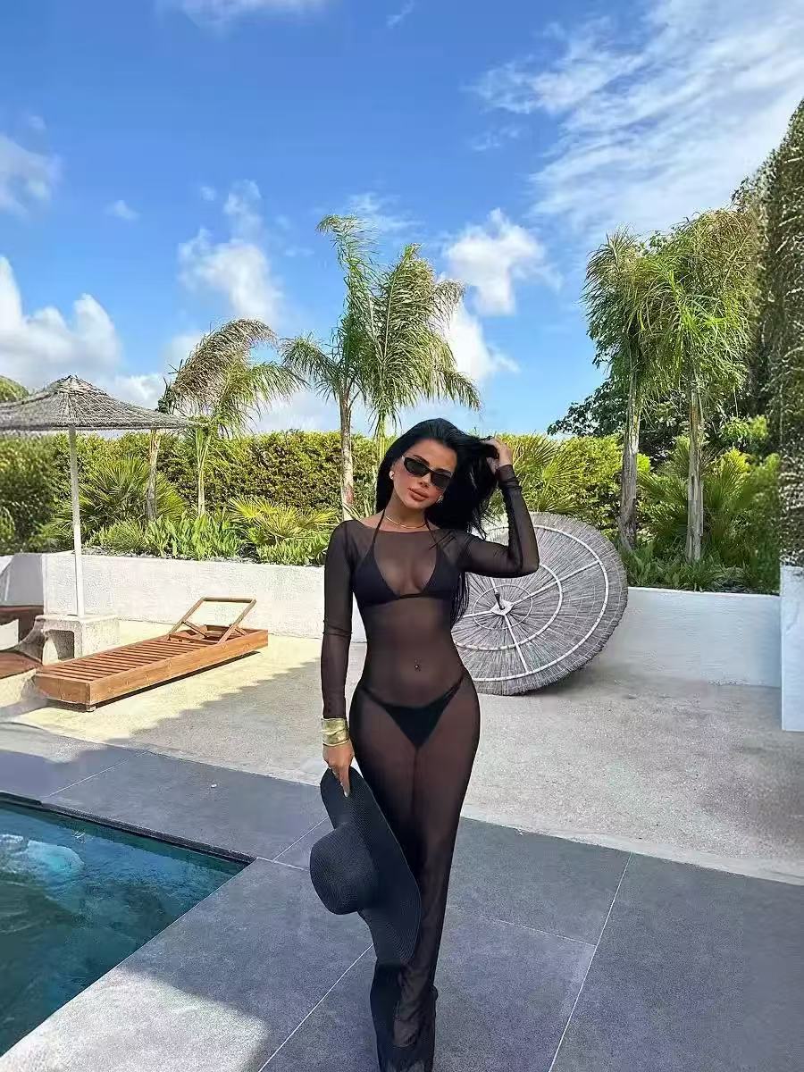 2025 Summer New European and American Style Sexy Women's Clothing, Slimming Mesh See-Through Off-the-Shoulder Long Sleeve Long Dress for Hot Girl