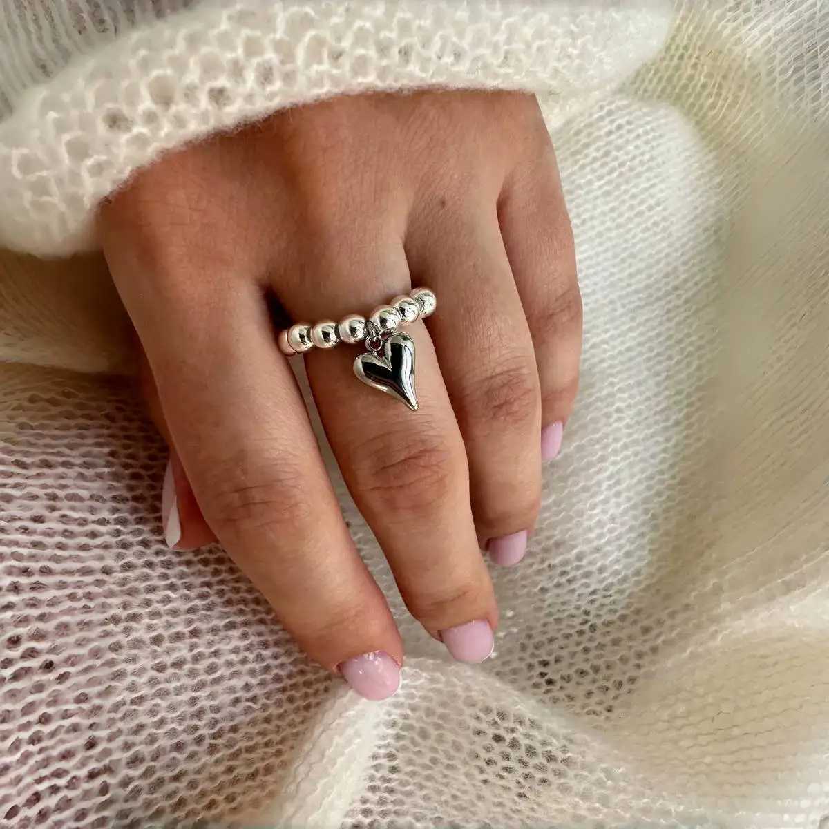 LATS Creative Handmade Beaded Bungee Cord Love Heart Pendant Rings for Women Girl Silver Color CCB Bead Adjustable Ring Jewelry y250730