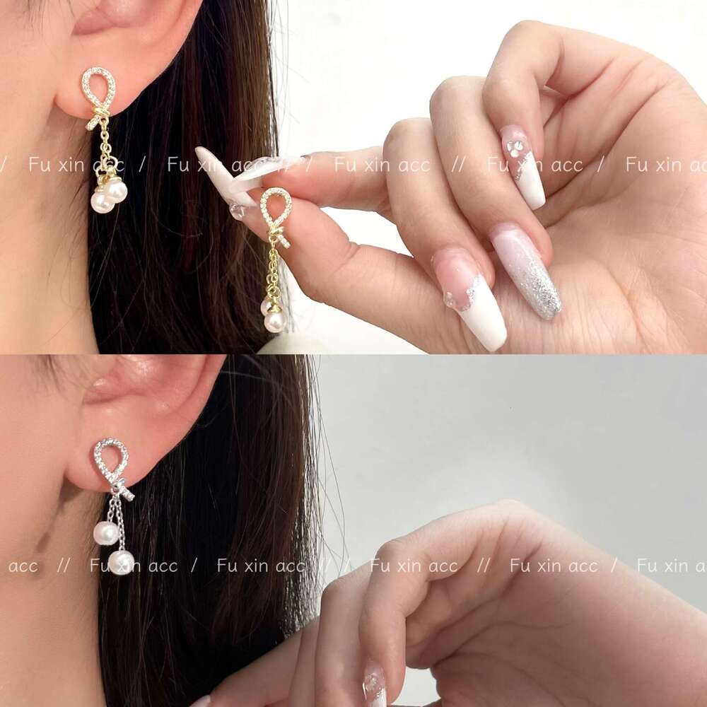 Zircon Half-Half Knot Tassel Pearl Earrings for Women, Light Fashion Versatile Stud Earrings, Niche Design with a Sense of Sophistication c76