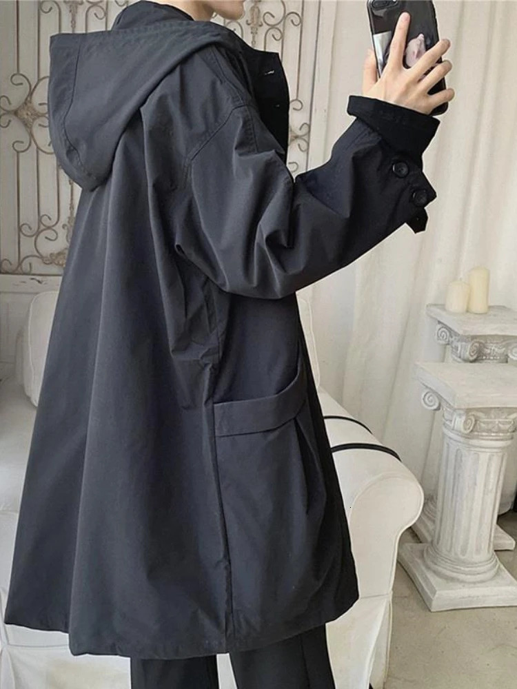 Windbreaker Mens Midlength Spring Autumn Trench Coat Hooded Jacket Korean Trend Handsome Preppy Cape Cloak Punk Streetwear 250729
