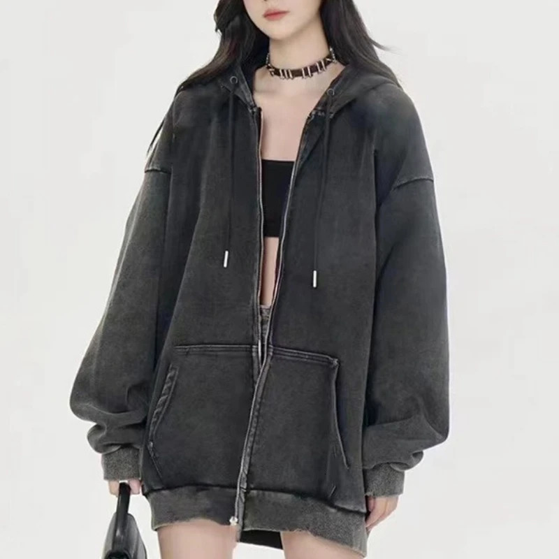 Acid Wash Women Fashion Casual Hoodies Autumn Winter Y2k Coat Washed Vintage Streetwear Versatile Loose Pockets Outerwear 250731